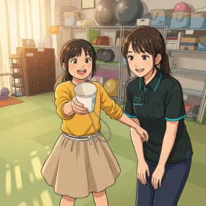 長崎市の放課後等デイサービス「ハートフェルト」で、スタッフが見守る中、子どもが落ち着いて活動している様子