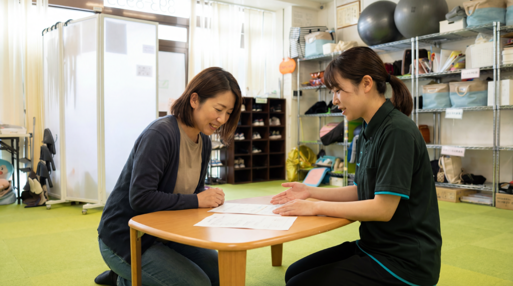 長崎市の放課後等デイサービスで見学から利用開始までの流れを説明する様子
