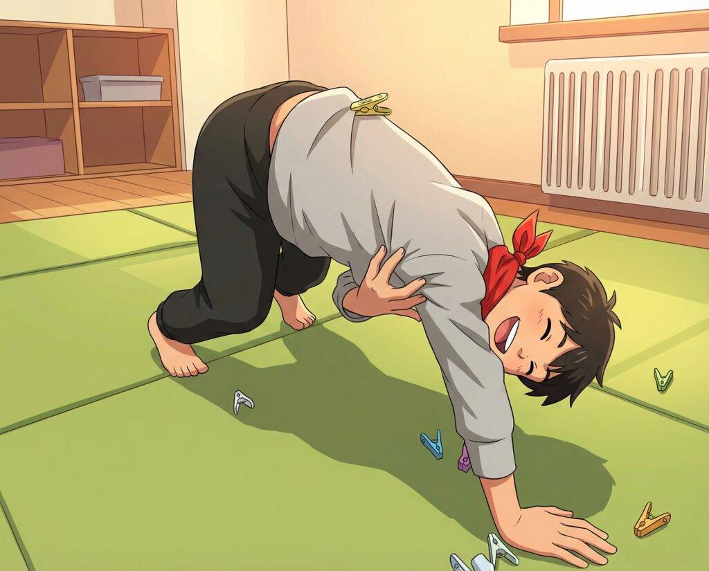 放課後等デイサービスで洗濯ばさみを使った運動あそびに取り組む様子
