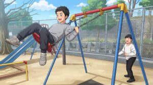 ハートフェルトのお友達と公園のブランコで遊ぶ様子