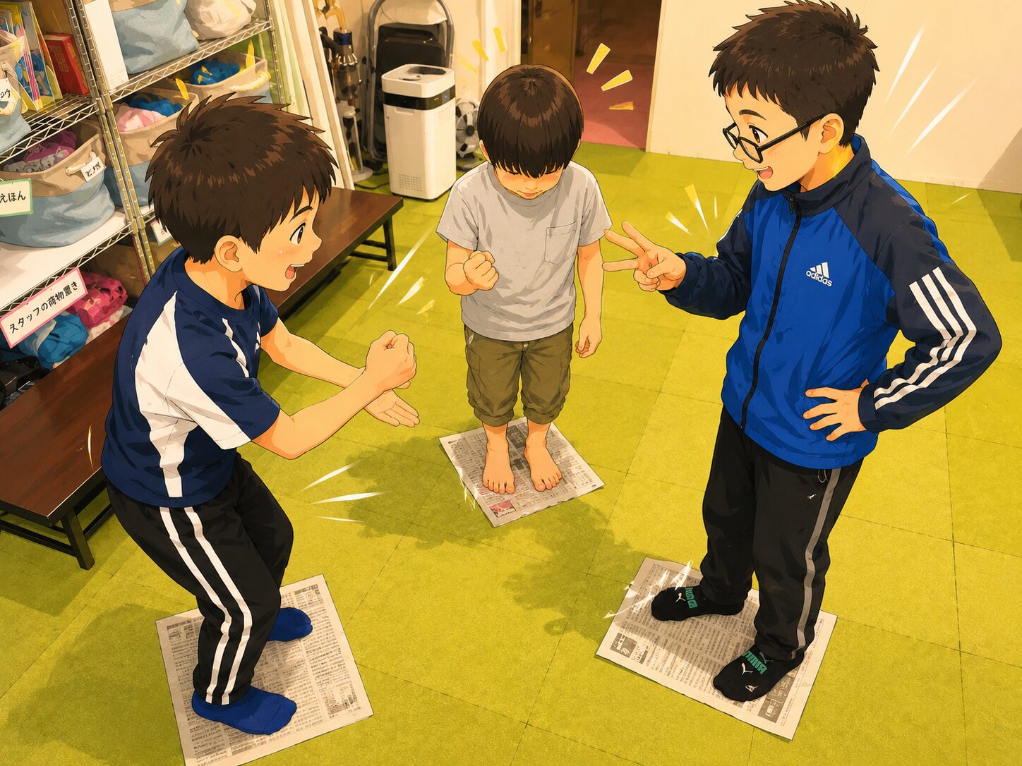 新聞紙の上でじゃんけん勝負