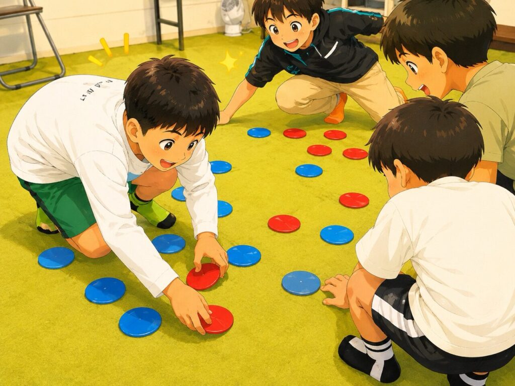 お友だちと協力してオセロバトルに取り組む子どもの様子