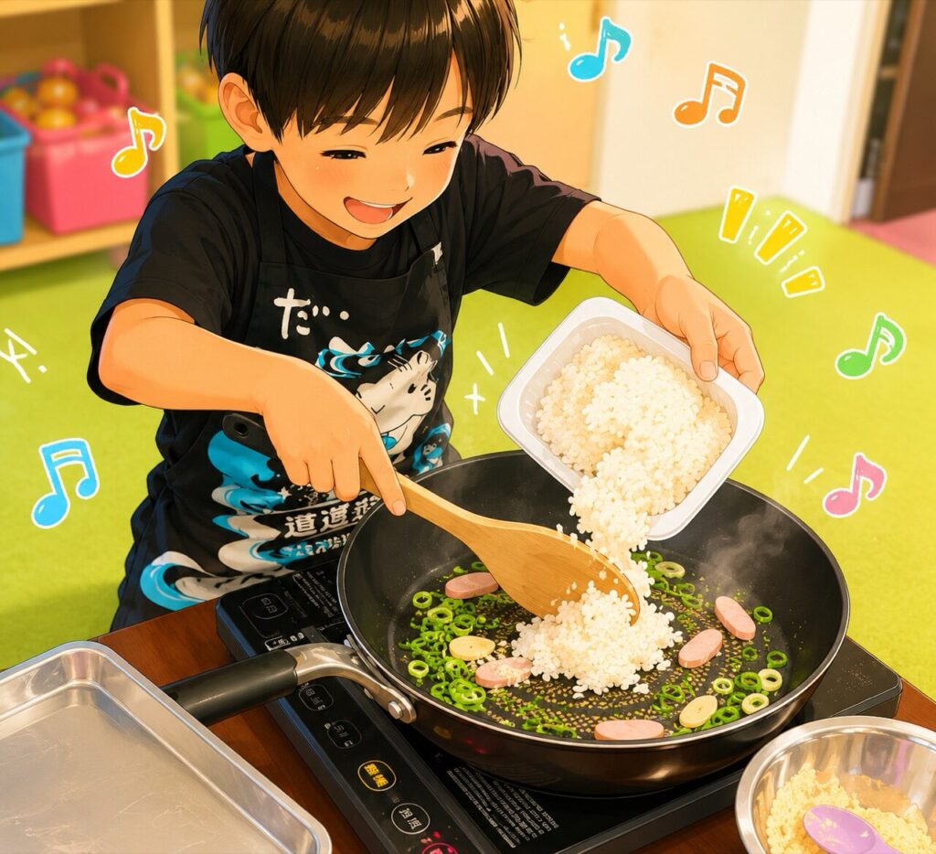 みんなでチャーハン作りに挑戦する様子