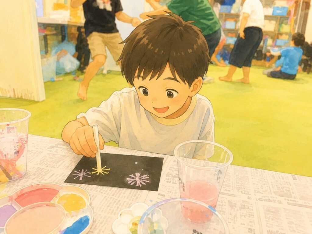 ストローで花火のアートづくりに取り組む様子