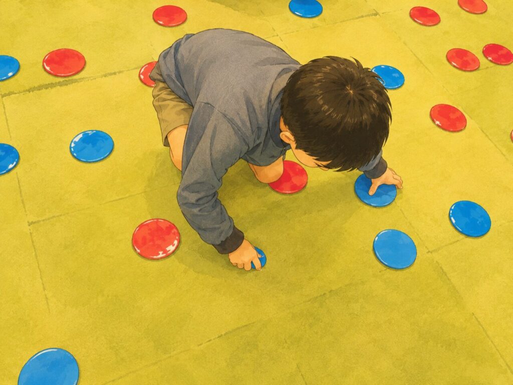 オセロバトルで赤青の円盤をひっくり返す様子