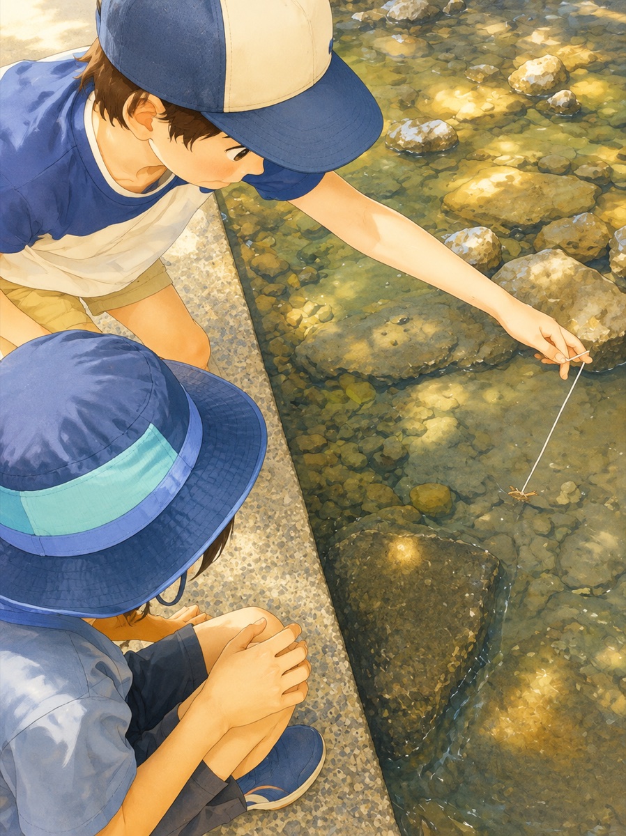 磯で生き物を探す子ども（イラスト）