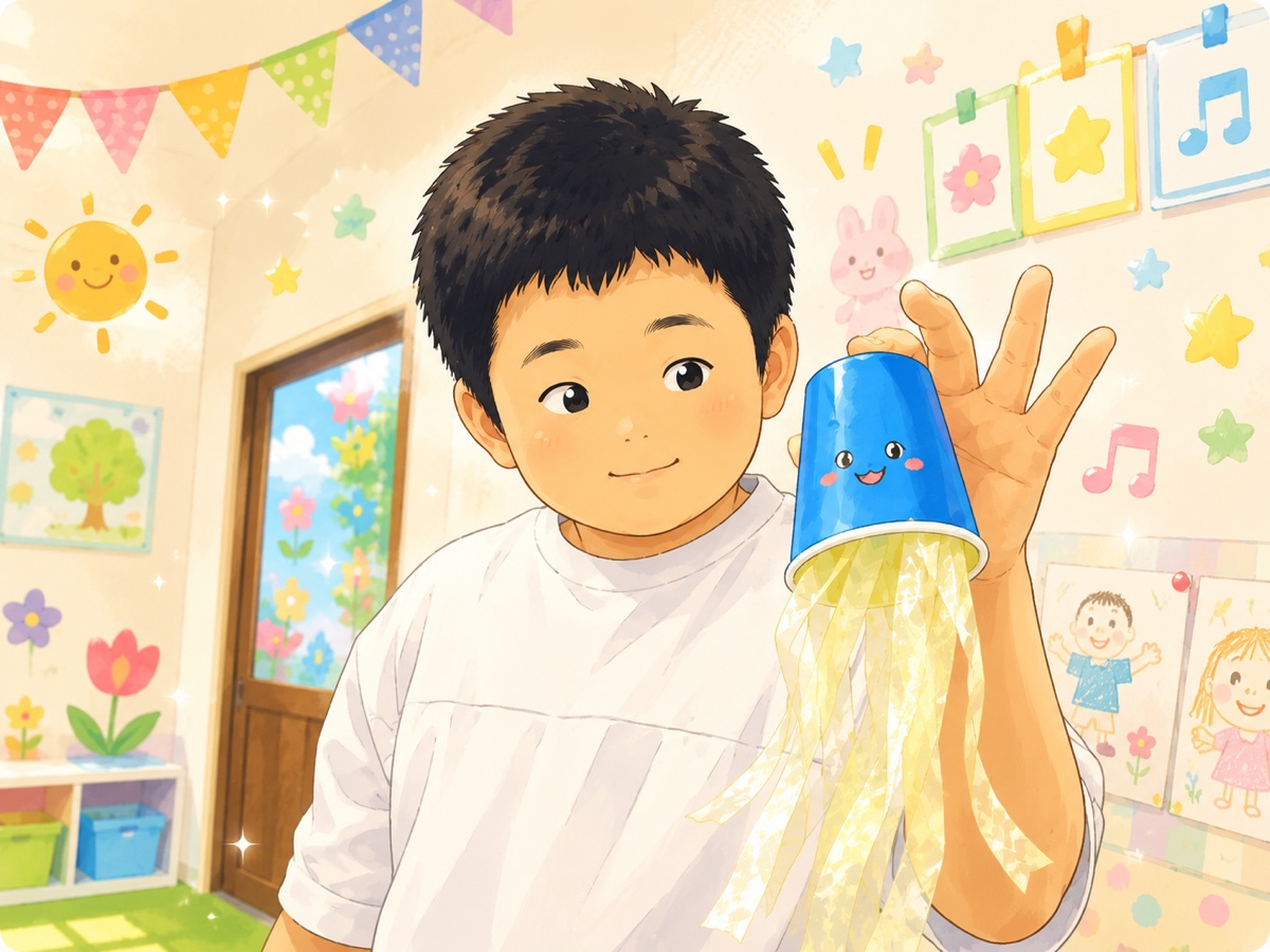 手作りの吹き流しを見せる子ども（イラスト）