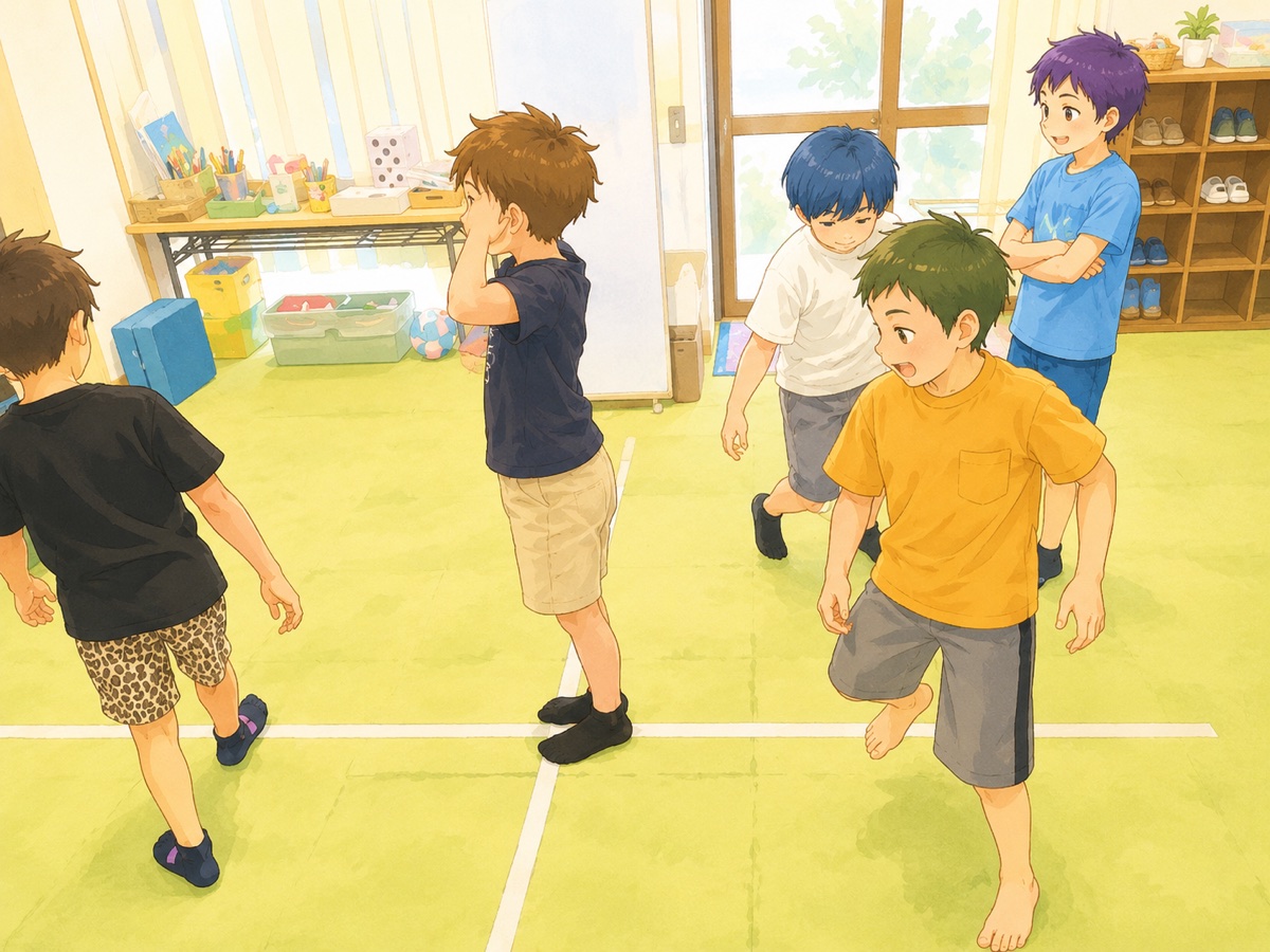 室内で運動遊びをする子どもたち（イラスト）
