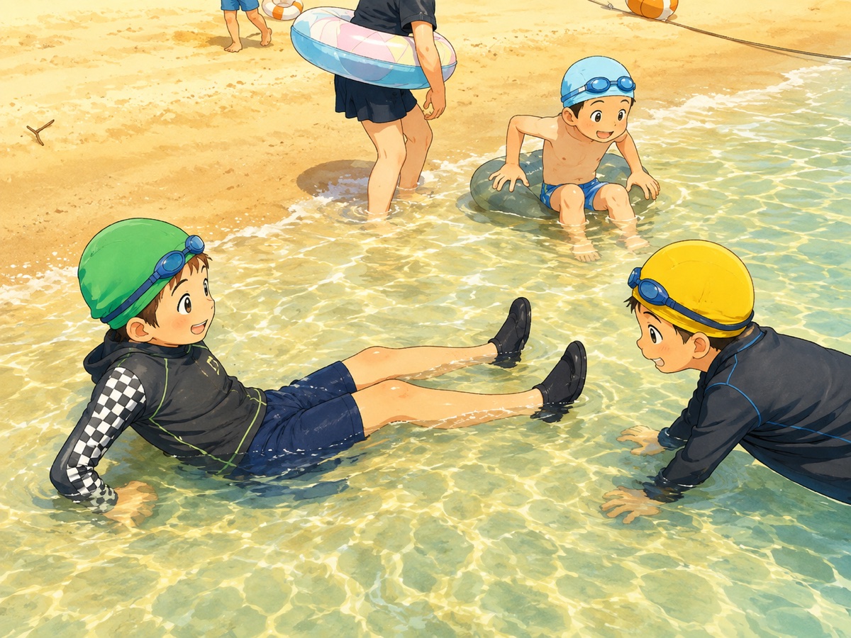 夏の海で海水浴を楽しむ子どもたち（イラスト）