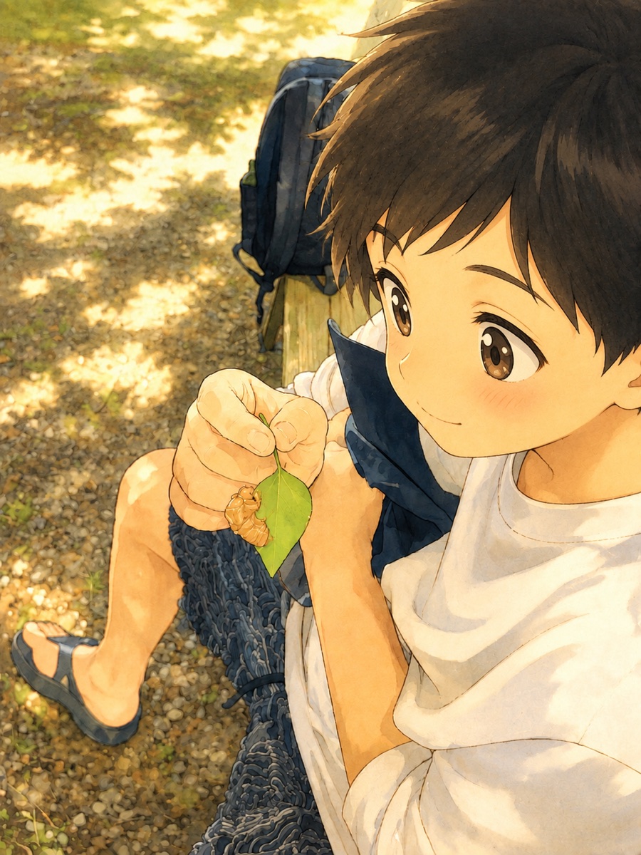 公園でセミの抜け殻を観察する子ども（イラスト）