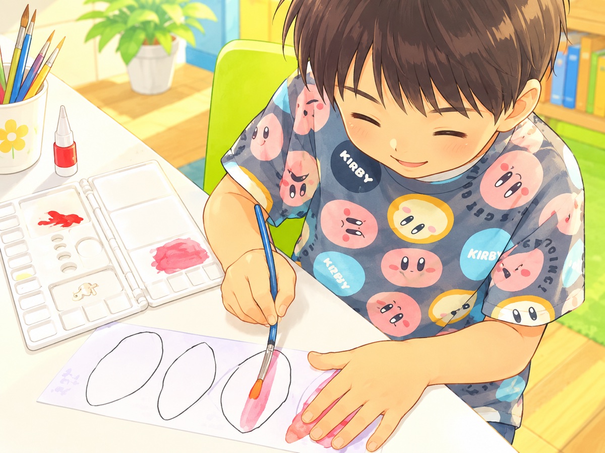 絵の具でぬり絵に取り組む子ども（イラスト）