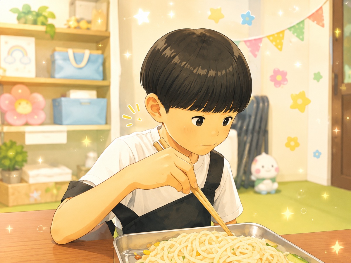 冷やし中華うどんの調理に取り組む子ども（イラスト）