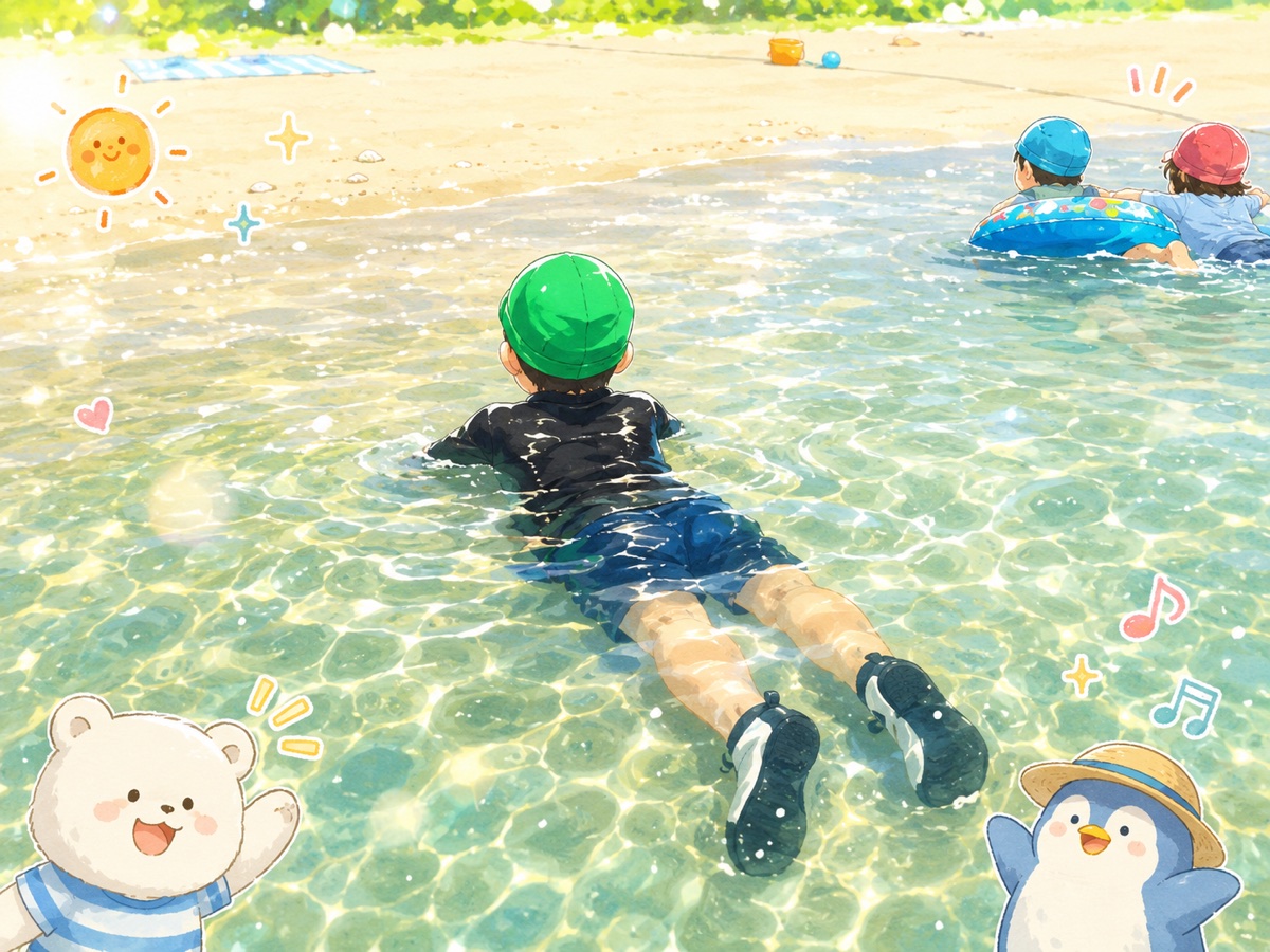 夏の海で海水浴を楽しむ子ども（イラスト）
