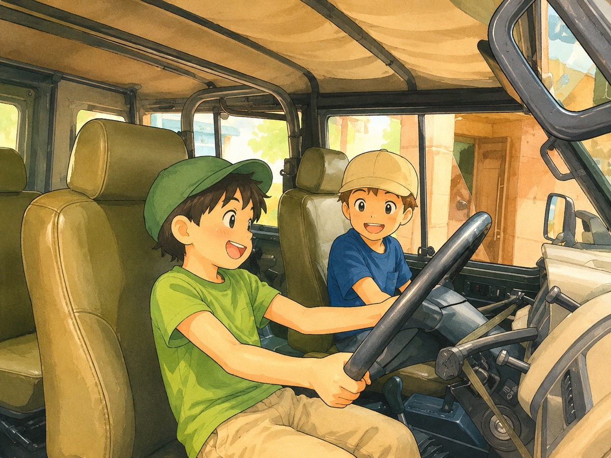 はたらく車の運転席に座る子ども（イラスト）