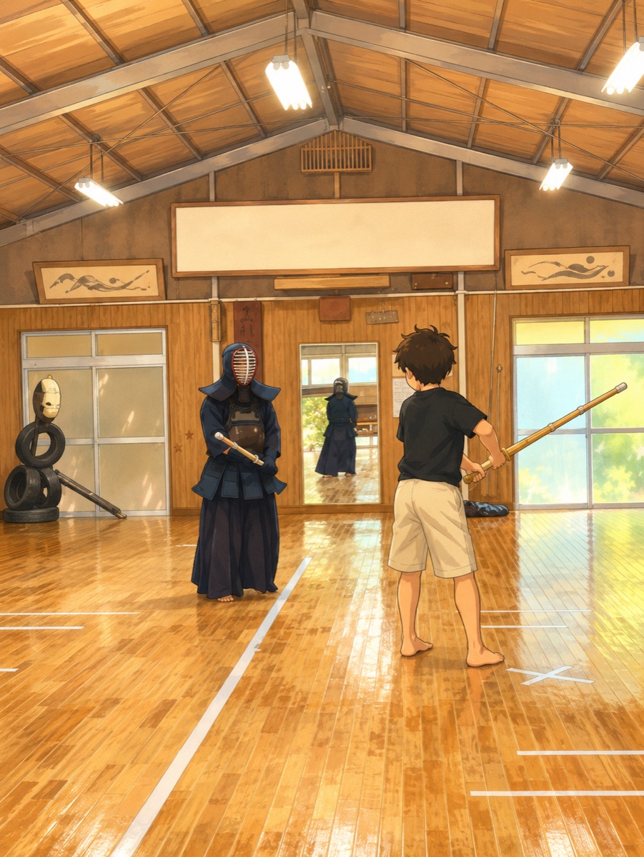 道場で剣道の稽古に取り組む子ども（イラスト）