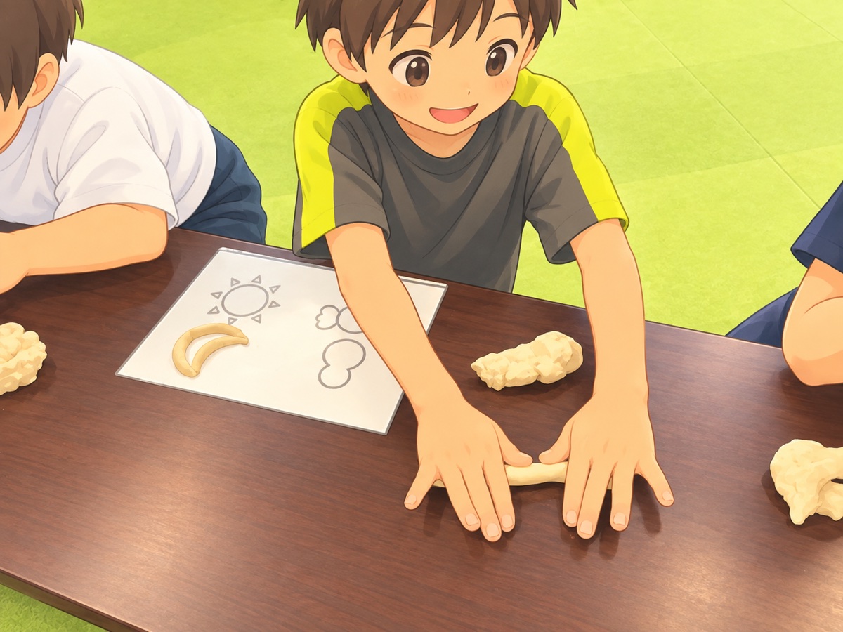机の上で粘土をこねて形を作る子ども