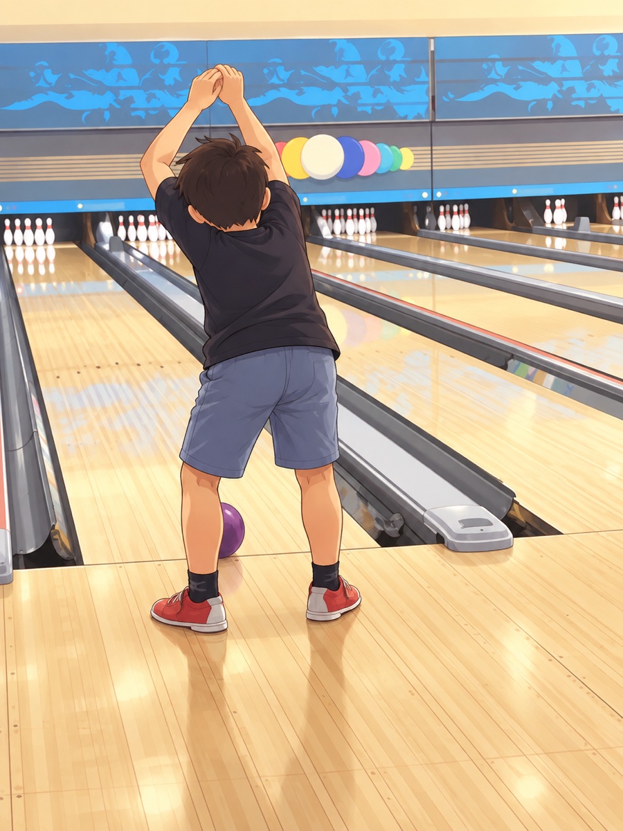 ボウリング場でボールを転がそうと構える子ども