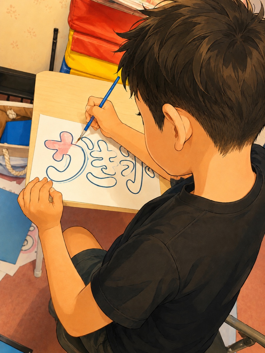 夏祭りのかき氷の看板づくりに取り組む子ども（イラスト）