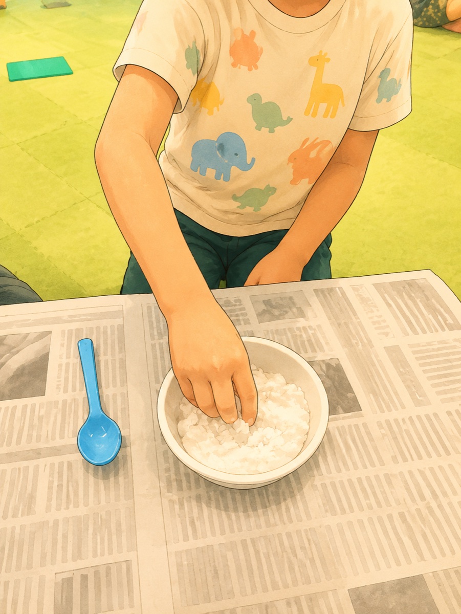感触遊びの素材にふれる子ども（イラスト）