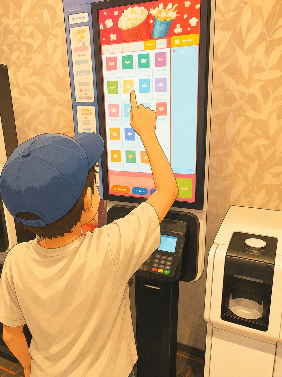 映画館の券売機でドリンクを選ぶ子ども（イラスト）