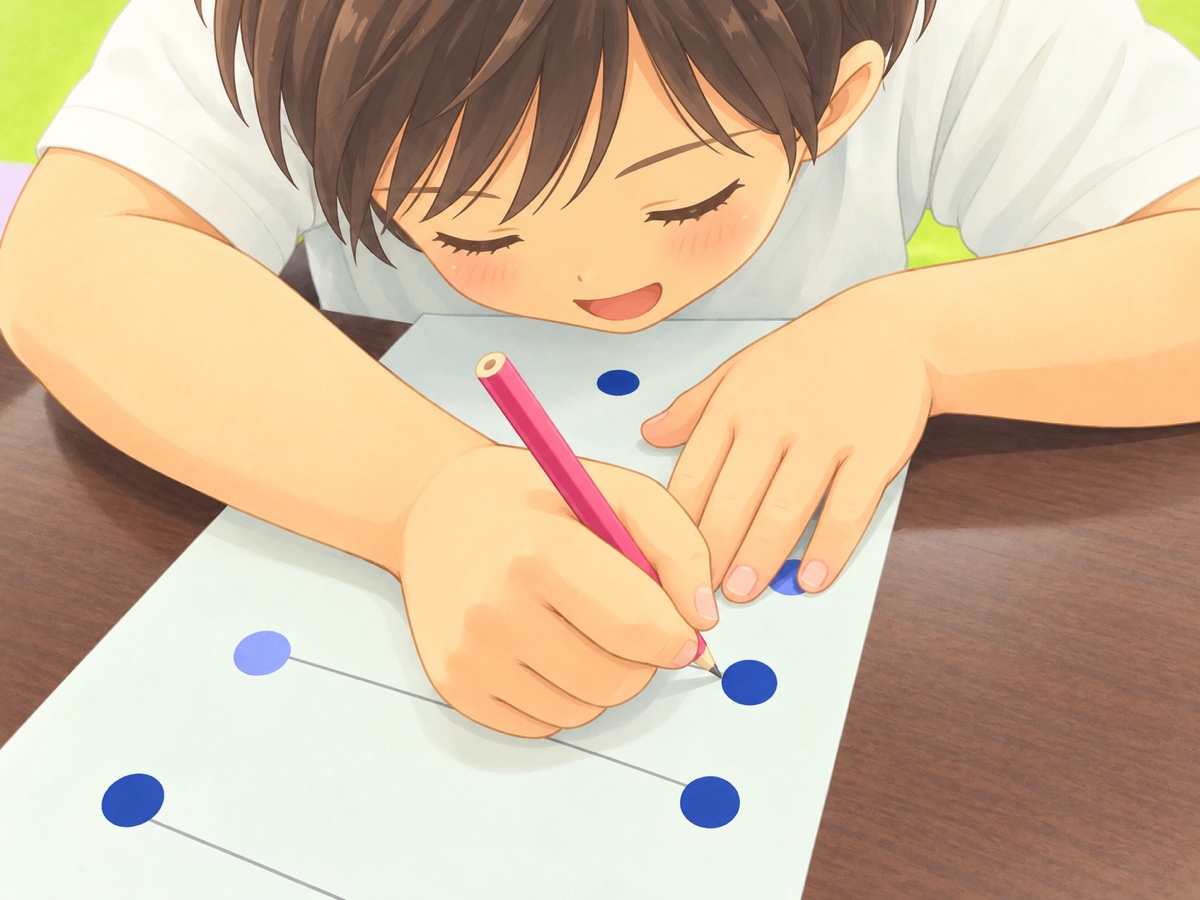 点と点を線で結ぶ点つなぎに集中して取り組む子ども
