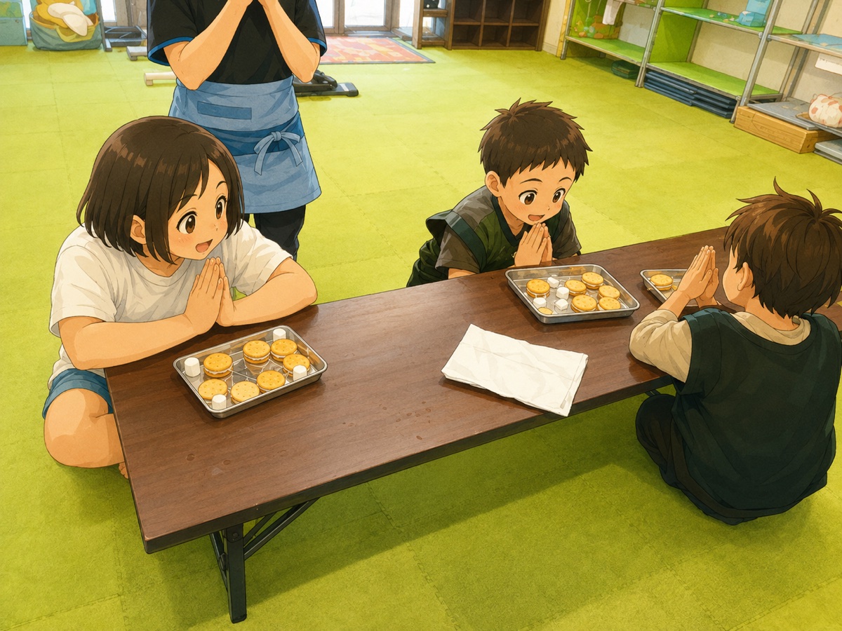 手作りのおやつを前にいただきますをする子どもたち（イラスト）