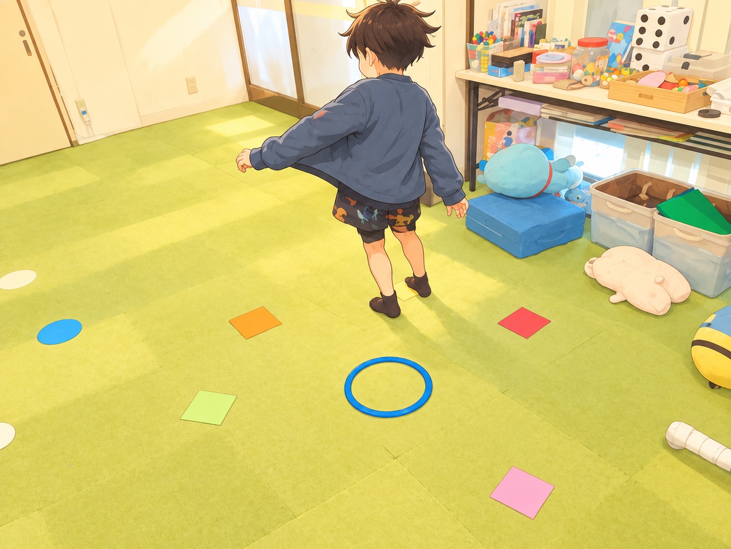 床に並んだ数字のマスへジャンプして体を動かす子ども