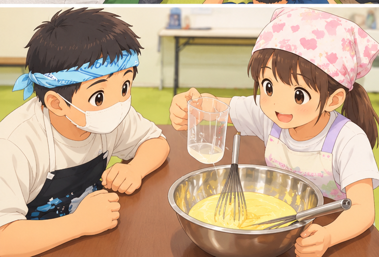ボウルで生地を混ぜておやつを作る子どもたち