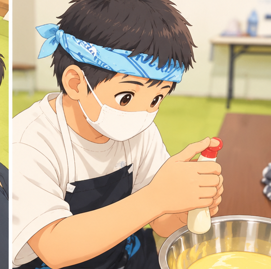 生地を絞り出しておやつ作りに取り組む子ども