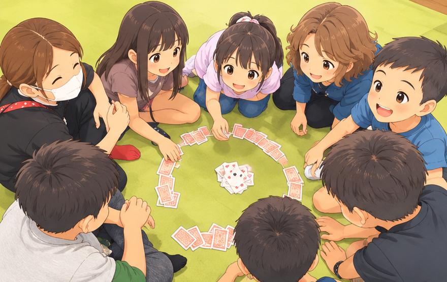 みんなで輪になってカードゲーム「ぶたのしっぽ」を楽しむ子どもたち