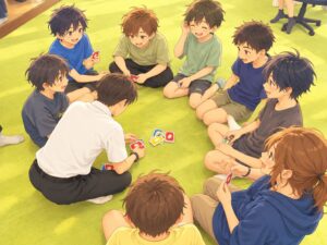 みんなで輪になってカードゲームを楽しむ子どもたち