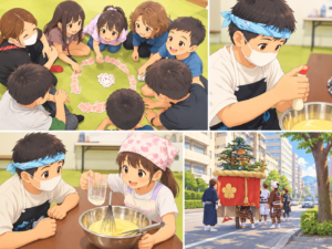 10月前半の活動（カードゲーム・おやつ作り・秋のおでかけ）のイラスト